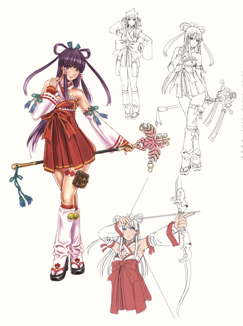 absurdres adapted_uniform aiming armpits bangs bare_shoulders bell blue_hair blunt_bangs blush bow bow_(weapon) breasts character_name character_sheet closed_mouth cowboy_shot criss-cross_halter cropped_legs crossed_legs detached_sleeves flat_color full_body fuuun_ishin_dai_shogun gradient hair_ornament hair_ribbon hair_rings hair_tubes hakama_skirt halterneck hand_on_own_shoulder hand_up head_tilt high-waist_skirt high_heels highres holding holding_bow_(weapon) holding_staff holding_weapon horizontal_stripes japanese_clothes jewelry jingle_bell kneehighs lace leaf light_smile lolita_fashion long_hair looking_at_viewer looking_to_the_side loose_socks microskirt miko miniskirt multiple_views non-web_source nontraditional_miko outstretched_arm panties pinky_out pleated_skirt pouch print_legwear red_bow red_skirt ribbon ribbon-trimmed_sleeves ribbon_trim ring sandals sidelocks simple_background sketch skirt small_breasts socks staff standing straight_hair striped tassel thigh_pouch thigh_strap two_side_up umino_momomi underwear very_long_hair wa_lolita watson_cross weapon white_background white_legwear yamashita_shun'ya yellow_eyes