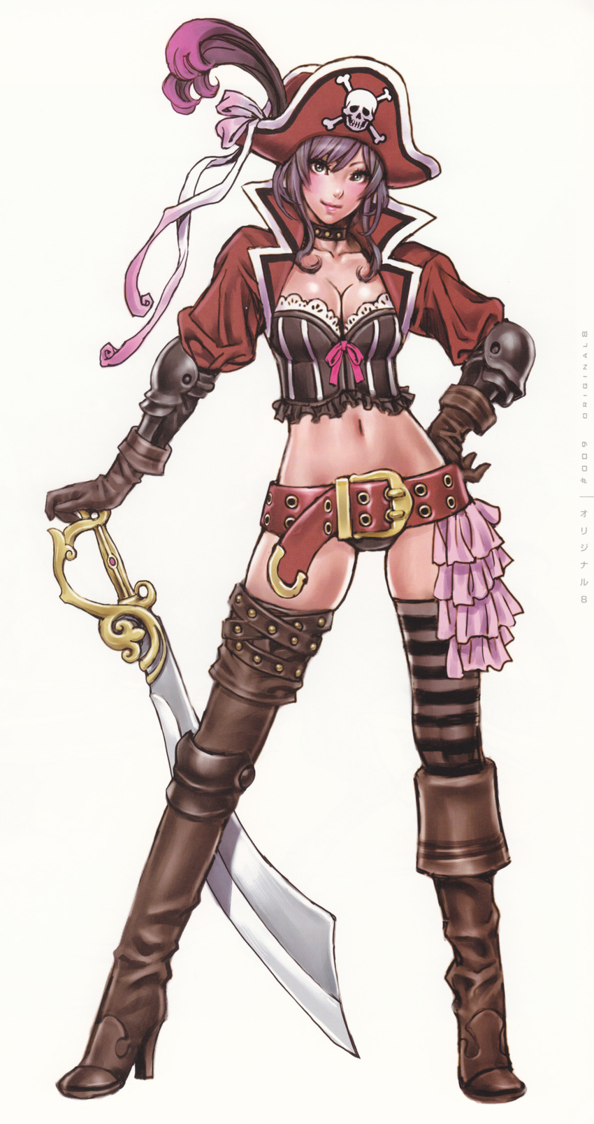 absurdres belt beltskirt boots breasts copyright_request gloves green_eyes highres lips lipstick makeup midriff pirate smile solo sword thighhighs weapon yamashita_shun'ya