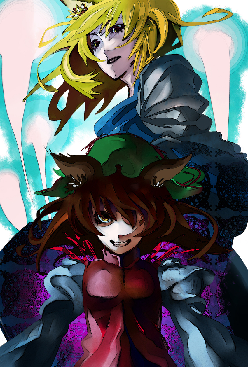 animal_ears bad_id bad_pixiv_id blonde_hair blush brown_eyes brown_hair cat_ears chen clenched_teeth crown dress expressionless frills hat highres long_sleeves looking_at_viewer mob_cap multiple_girls parted_lips puffy_long_sleeves puffy_sleeves red_dress saka_(pixiv) teeth touhou upper_body yakumo_ran yellow_eyes
