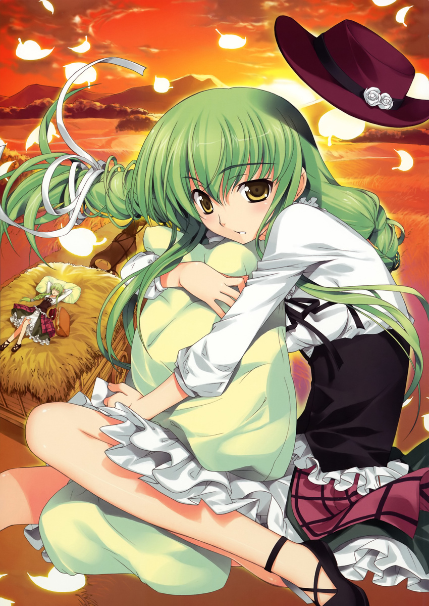 absurdres arms_behind_back braid c.c. cart code_geass corset dress drinking_straw flower fujima_takuya green_hair hair_ribbon hat hat_flower hat_removed headwear_removed highres long_hair lying on_back pillow pillow_hug pullcart ribbon scan scenery single_braid solo sunset very_long_hair yellow_eyes