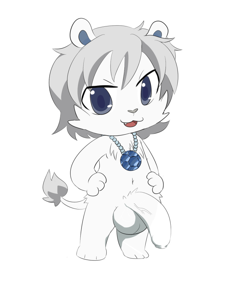 2015 anime anthro balls big_balls big_penis blue_eyes cat cub feline flaccid granite_(jewelpet) hi_res inubashiri jewelpet jewelry lion looking_at_viewer male mammal penis sanrio solo uncut white_lion young