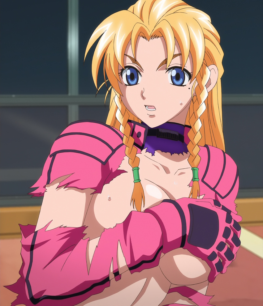 1girl blonde_hair blue_eyes braid breast_grab breasts furinji_miu gloves grabbing hair_ornament highres mole screencap shijou_saikyou_no_deshi_ken'ichi shijou_saikyou_no_deshi_ken'ichi solo torn_clothes