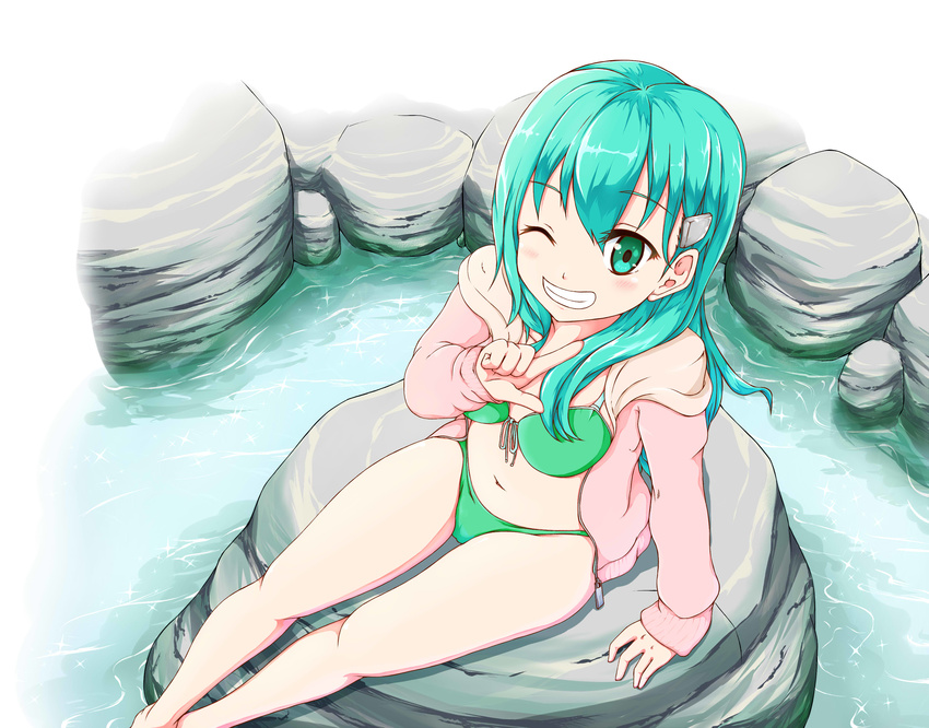 absurdres bikini green_eyes green_hair grin highres hood hooded_jacket hoodie jacket kantai_collection long_hair one_eye_closed rock sitting smile solo suzuya_(kantai_collection) swimsuit water yuto_(tongu1231)