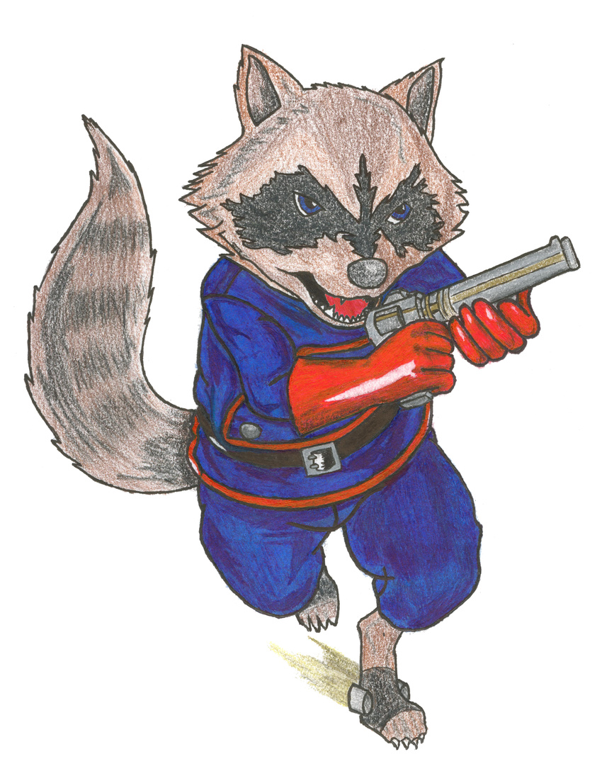 absurd_res clothing hi_res male mammal marvel_comics plain_background raccoon rocket_raccoon solo toonfurry uniform white_background