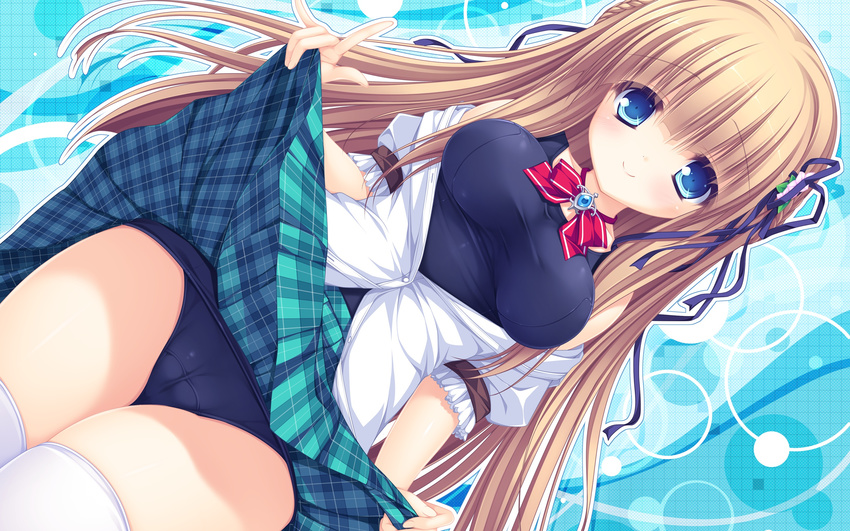 aqua_eyes cameltoe dress_shirt dutch_angle hair_ribbon highres kawasumi_yurika light_brown_hair long_hair magicalic_sky_high mikagami_mamizu open_clothes open_shirt plaid plaid_skirt ribbon school_swimsuit shirt skirt skirt_lift smile solo swimsuit swimsuit_under_clothes thighhighs white_legwear