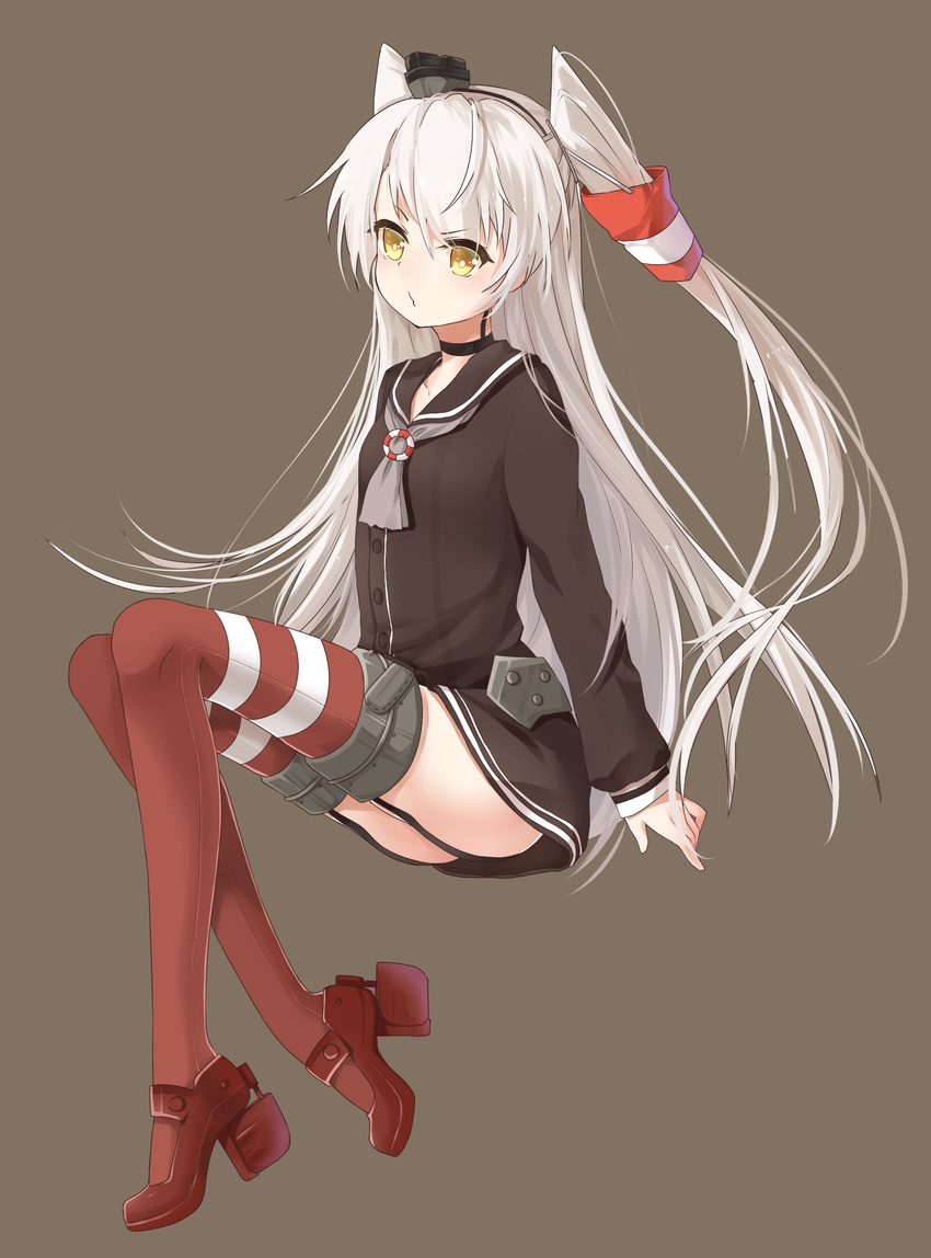 amatsukaze_(kantai_collection) bad_id bad_pixiv_id boots choker dress full_body highres kantai_collection long_hair sailor_dress short_dress silver_hair simple_background solo striped striped_legwear thighhighs transistor two_side_up very_long_hair yellow_eyes zettai_ryouiki