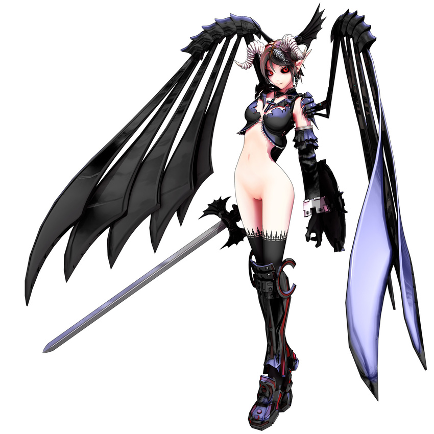 3d black_hair black_sclera bottomless breasts full_body highres holding holding_sword holding_weapon horns long_hair looking_at_viewer maeda_koutarou medium_breasts navel no_panties original pointy_ears pussy red_eyes shield short_hair simple_background solo standing sword uncensored weapon white_background wings