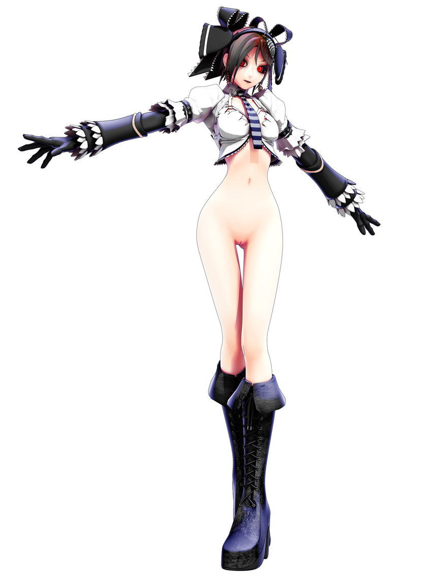 3d :d black_gloves boots bottomless breasts brown_hair gloves highres knee_boots long_sleeves looking_at_viewer maeda_koutarou medium_breasts navel necktie open_mouth original outstretched_arms parted_lips pussy red_eyes shoelaces simple_background smile solo standing thigh_gap uncensored white_background