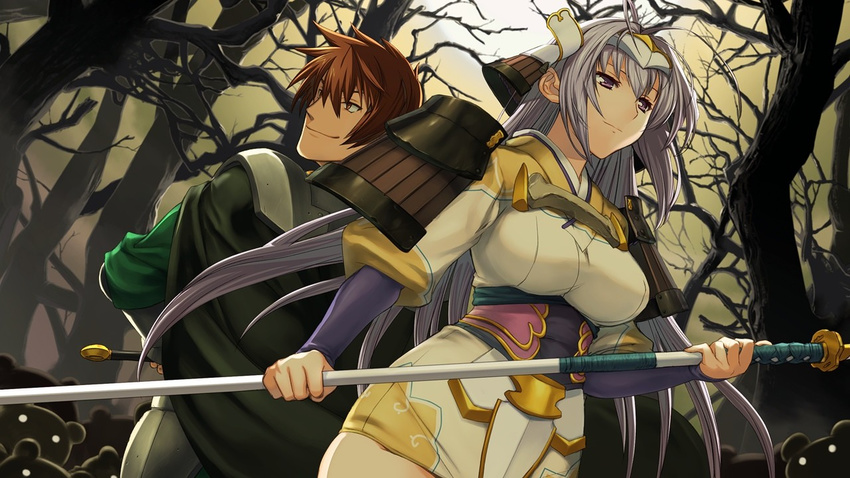 1girl alice_soft back-to-back breasts brown_eyes brown_hair cape game_cg grey_hair highres large_breasts long_hair looking_away purple_eyes rance rance09:_the_helman_revolution senhime short_hair smile standing tree trees weapon