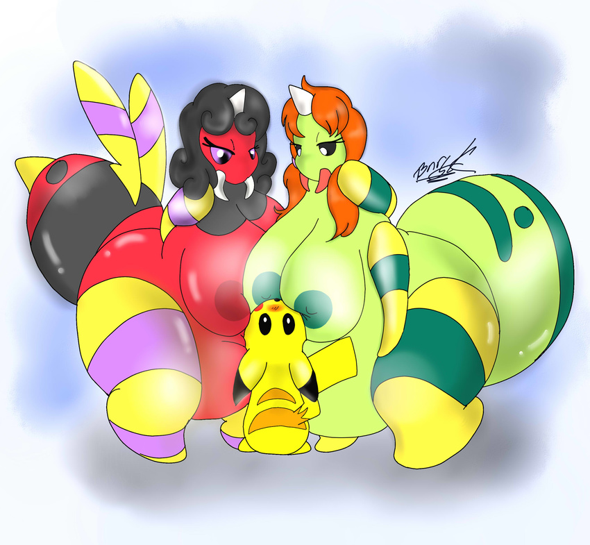 areola ariados black_eyes black_hair blush breasts bunearyk chubby female feral fur green_body hair half-closed_eyes hi_res horn long_hair nintendo nipples pikachu plain_background pok&#233;mon pok&eacute;mon purple_eyes red_body red_hair signature spinarak teeth video_games yellow_fur