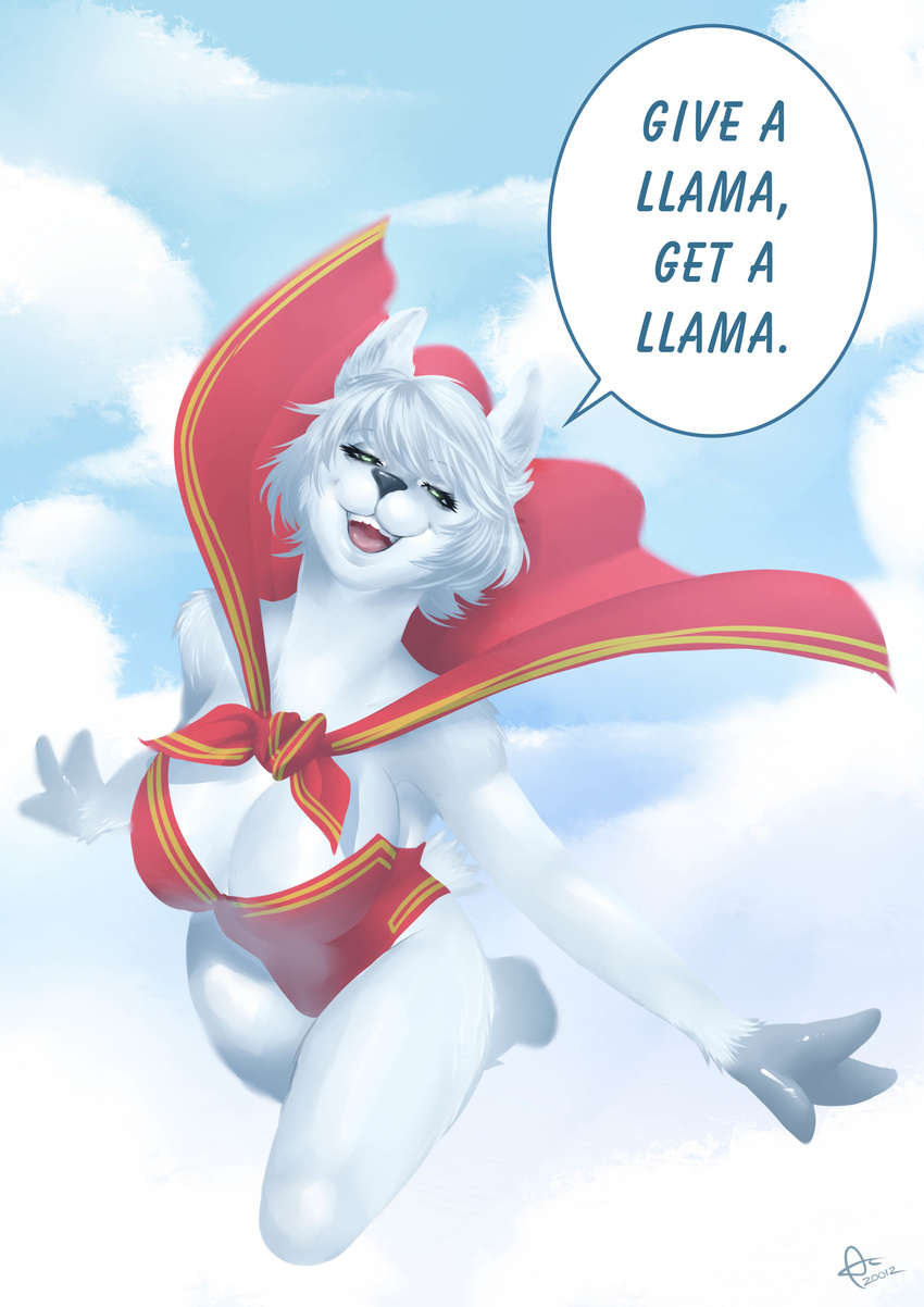 absurd_res alanscampos big_breasts breasts cape cloud deviantart dialog english_text female flying fur green_eyes hi_res llama monokini open_mouth playfurry sky smile solo superhero teeth text white_fur