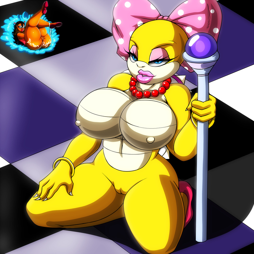 big_lips black_hair blue_eyes bow bracelet breasts brown_skin butt demonroyal eyewear female hair human jewelry koopaling koopalings lips mammal mario_bros necklace nintendo polearm pussy solo staff sunglasses thick_lips video_games wendy_o_koopa