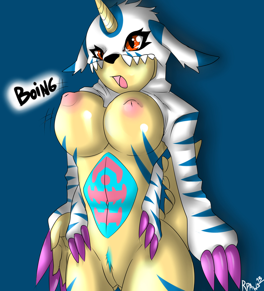 anthro areola big_breasts big_nipples blue_skin bouncing_breasts breasts claws digimon female gabumon hi_res horn inverted_nipples mammal markings navel nipples open_mouth puffy_nipples pussy red_eyes renamonpaws solo stripes teeth tongue under_boob wide_hips yellow_skin