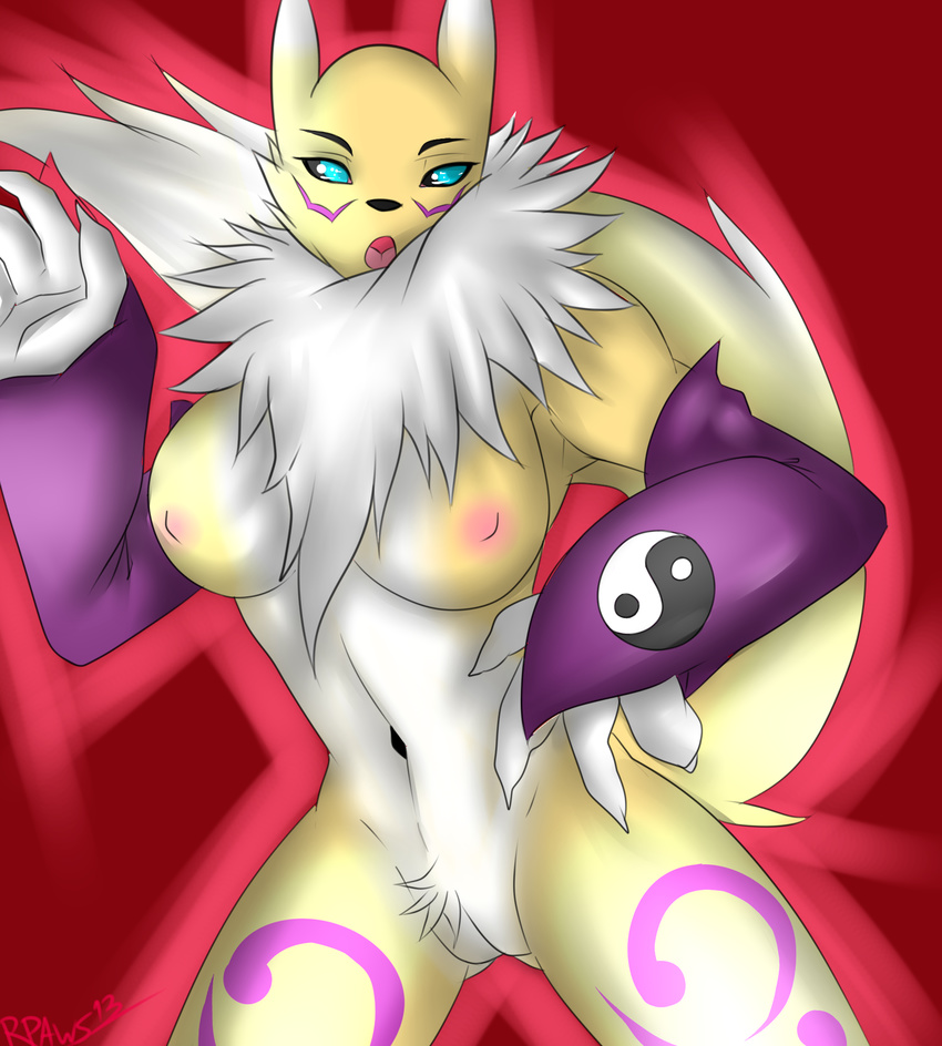 blue_eyes breasts digimon female fur nipples open_mouth purple_fur pussy renamon renamonpaws solo tongue violet_fur white_fur yellow_fur