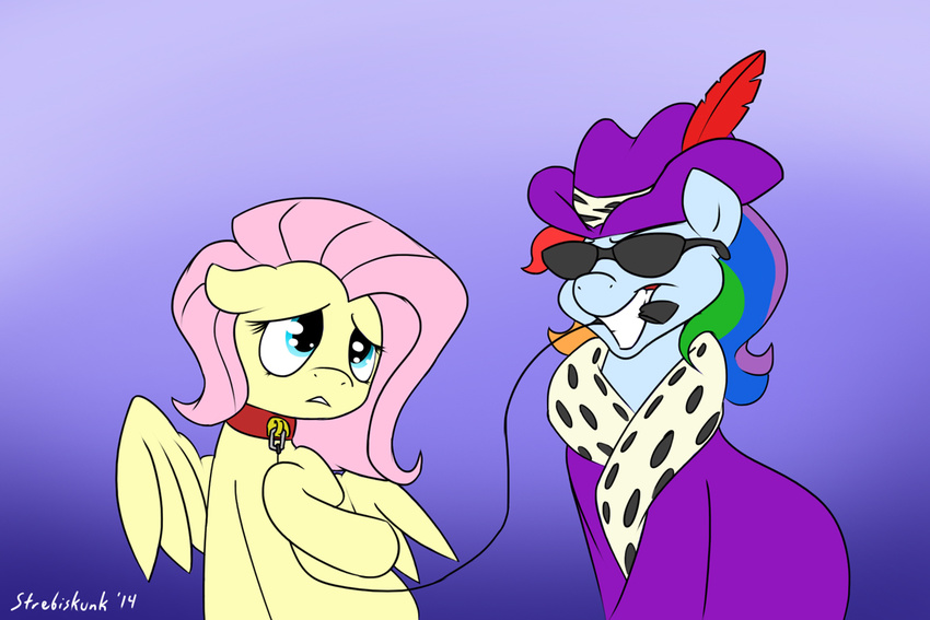 big_smile blue_eyes blue_fur coat collar duo equine eyewear feather female fluttershy_(mlp) friendship_is_magic fur fur_coat glasses hair leash mammal multi-colored_hair my_little_pony pegasus pimp pimp_hat pink_hair prgasus rainbow_dash_(mlp) rainbow_hair smile strebiskunk wings yellow_fur