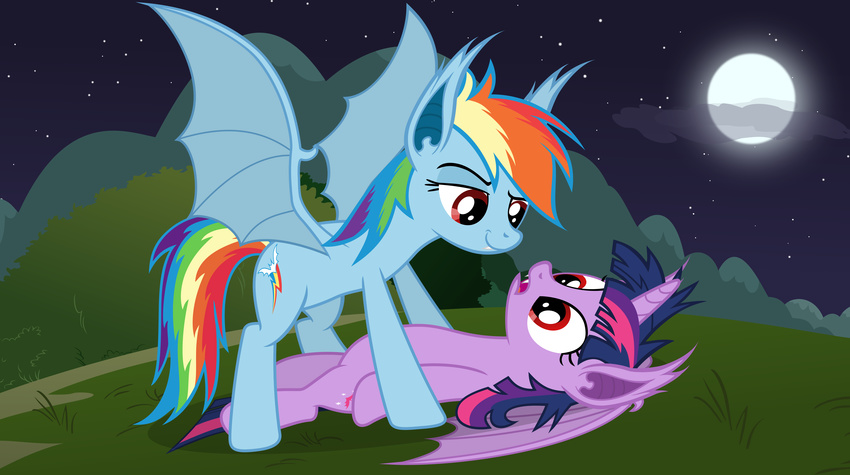 animal_ears bat_pony bat_wings cloud cutie_mark duo equine eye_contact fangs female feral friendship_is_magic fur hair hi_res horn lesbian lying magister39 mammal moon my_little_pony night on_back open_mouth outside pinned_down plain_background pointy_ears rainbow_dash_(mlp) red_eyes smile stars twilight_sparkle_(mlp) vampire winged_unicorn wings