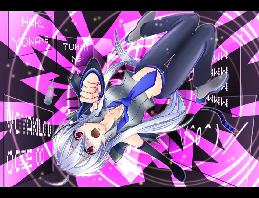 :o \(^o^)/ agi_(kankarado) ahoge background_text constricted_pupils detached_sleeves directional_arrow floating letterboxed long_hair midriff nail_polish necktie open_collar open_mouth purple_nails red_eyes ribbon shoes sidelocks silver_hair solo turn_pale upside-down very_long_hair vocaloid voyakiloid yowane_haku