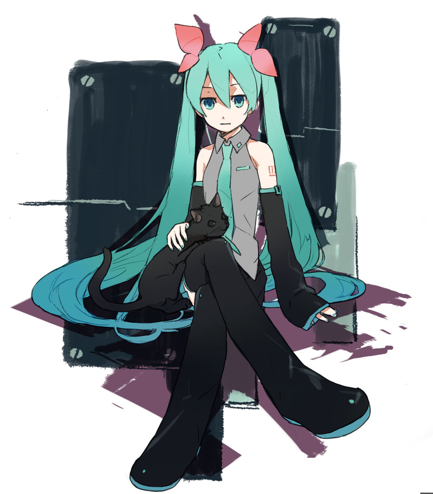 boots cat crossed_legs detached_sleeves green_hair hair_ribbon hatsune_miku highres long_hair mitosa ribbon sitting solo thigh_boots thighhighs twintails vocaloid