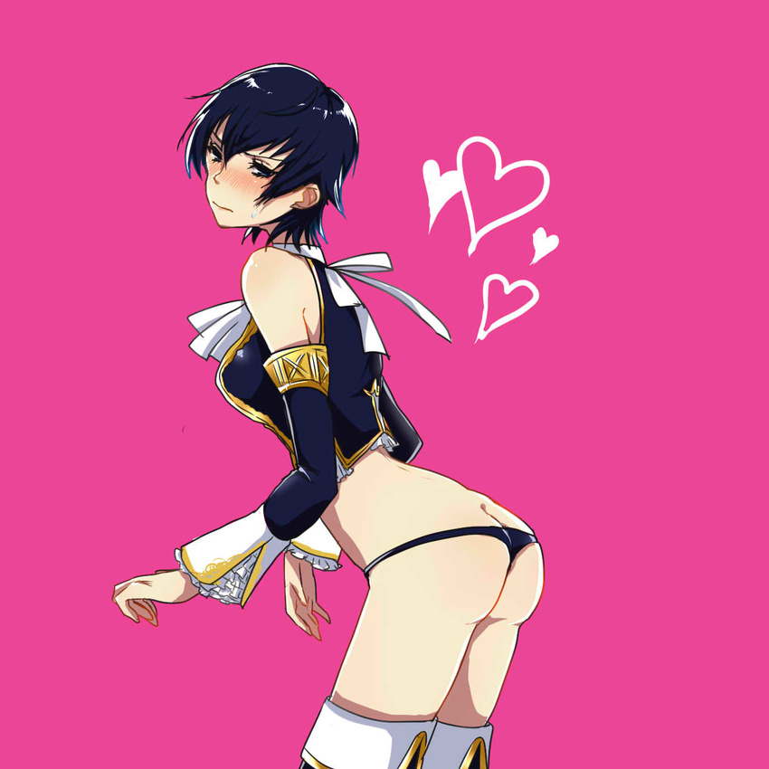 alternate_costume armor ass blue_eyes blue_hair blush breasts butt_crack elbow_gloves embarrassed gloves heart high-cut_armor highres iketsuko large_breasts leaning_forward panties persona persona_4 persona_4_the_golden shirogane_naoto short_hair solo thighhighs thong underwear