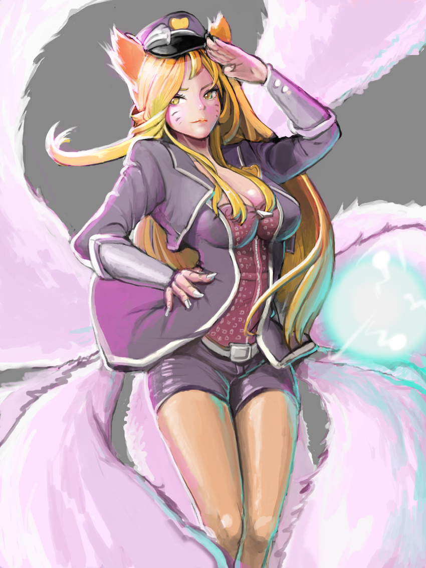 ahri alternate_costume alternate_hair_color alternate_hairstyle animal_ears bangs belt blonde_hair bow breasts cleavage cosplay dmdkrxmrrmq facial_mark fingernails fox_ears fox_tail girls'_generation grey_background hand_on_hip hand_up hat hat_bow heart highres jacket large_breasts league_of_legends legwear_under_shorts long_fingernails long_hair long_sleeves looking_at_viewer multiple_tails nail_polish open_clothes open_jacket pantyhose peaked_cap popstar_ahri salute sheer_legwear short_shorts shorts simple_background slit_pupils solo standing tail very_long_hair whisker_markings white_nails yellow_eyes zipper