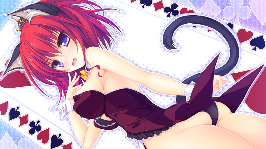 animal_ears ass blush bow bowtie breasts card cat_ears cleavage club_(shape) crown cuff_links diamond_(shape) embarrassed frills heart highres kittysuit leotard looking_at_viewer looking_back looking_down magicalic_sky_high medium_breasts mikagami_mamizu open_mouth playing_card purple_eyes red_hair short_hair solo spade_(shape) tail tailcoat thighs wrist_cuffs