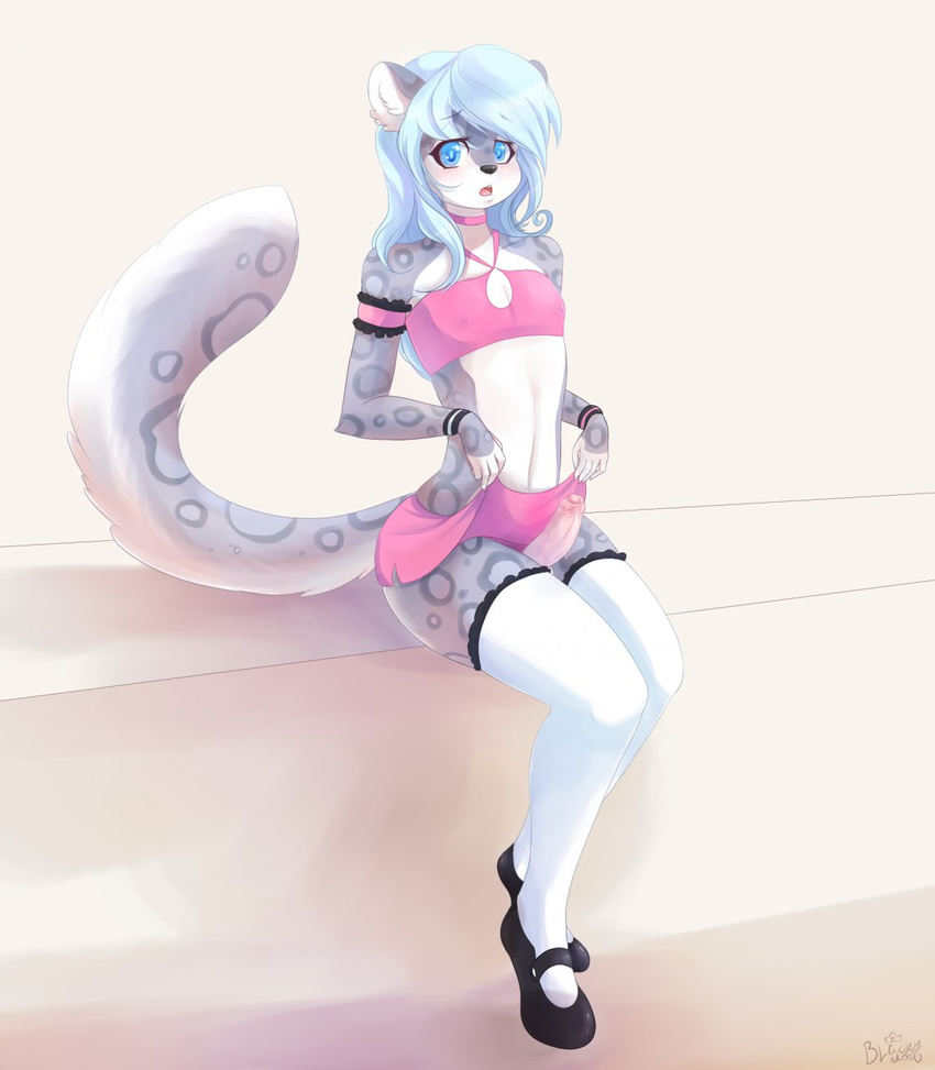 2014 anthro black_nose blacky-moon blue_eyes blue_hair blush clothed clothing erection feline girly hair leopard long_hair male mammal penis presenting_penis resine sitting snow_leopard stockings