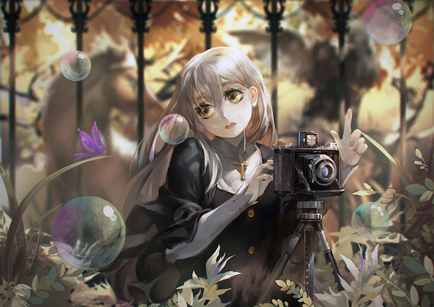 alcd bangs bird black_dress bubble bug butterfly buttons camera cross dress eyeshadow fence hair_between_eyes horse insect ironwork long_hair long_sleeves looking_back looking_to_the_side makeup mascara nun open_mouth outdoors pale_skin pixiv_fantasia pixiv_fantasia_fallen_kings plant pointing pointing_up puffy_sleeves short_over_long_sleeves short_sleeves silver_hair solo tripod yellow_eyes