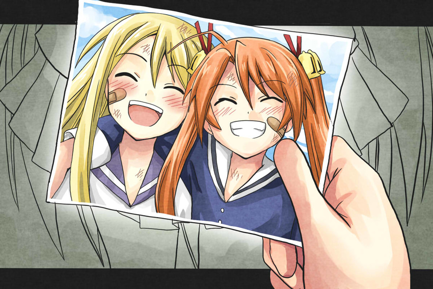 arm_around_neck bad_id bad_pixiv_id bandaid bandaid_on_face bell blonde_hair blue_sailor_collar closed_eyes grin kagurazaka_asuna long_hair mahou_sensei_negima! multiple_girls open_mouth orange_hair photo_(object) sailor_collar school_uniform smile twintails younger youyan yukihiro_ayaka