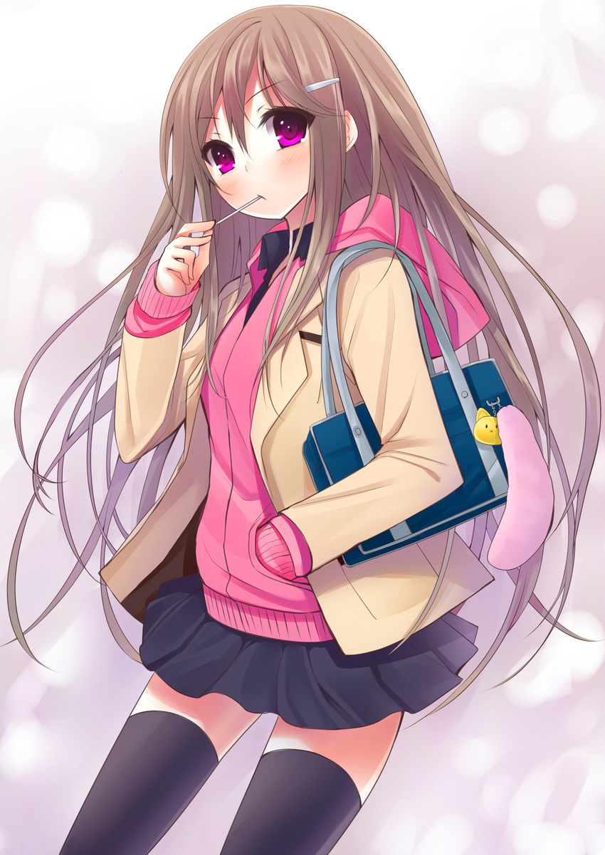 brown_hair highres long_hair original pink_eyes skirt solo tanakahazime thighhighs