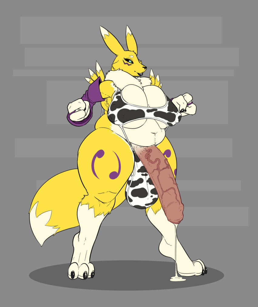 2019 3_fingers 3_toes animal_genitalia anthro armwear balls belly big_balls big_breasts big_penis bikini black_nose black_sclera blue_eyes breasts bridal_gauntlets bulge canid canine claws cleavage clothed clothing cow_bikini cow_print cowprint_slingkini dickgirl digimon digimon_(species) dipstick_tail erection eyelashes foreskin fur huge_balls huge_breasts huge_penis ineffective_clothing intersex looking_down mammal markings multicolored_fur multicolored_tail navel neck_tuft nipple_bulge overweight overweight_dickgirl penis precum precum_string renamon skimpy smile solo standing strikeanywhere swimsuit thick_thighs tight_clothing toe_claws toes tuft two_tone_fur under_boob vein veiny_penis white_fur wide_hips yellow_fur
