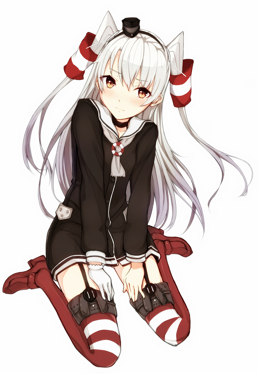 96tuki amatsukaze_(kantai_collection) blush brown_eyes dress garter_straps highres kantai_collection long_hair looking_at_viewer md5_mismatch red_legwear sailor_dress short_dress silver_hair simple_background solo striped striped_legwear thighhighs two_side_up white_background zettai_ryouiki