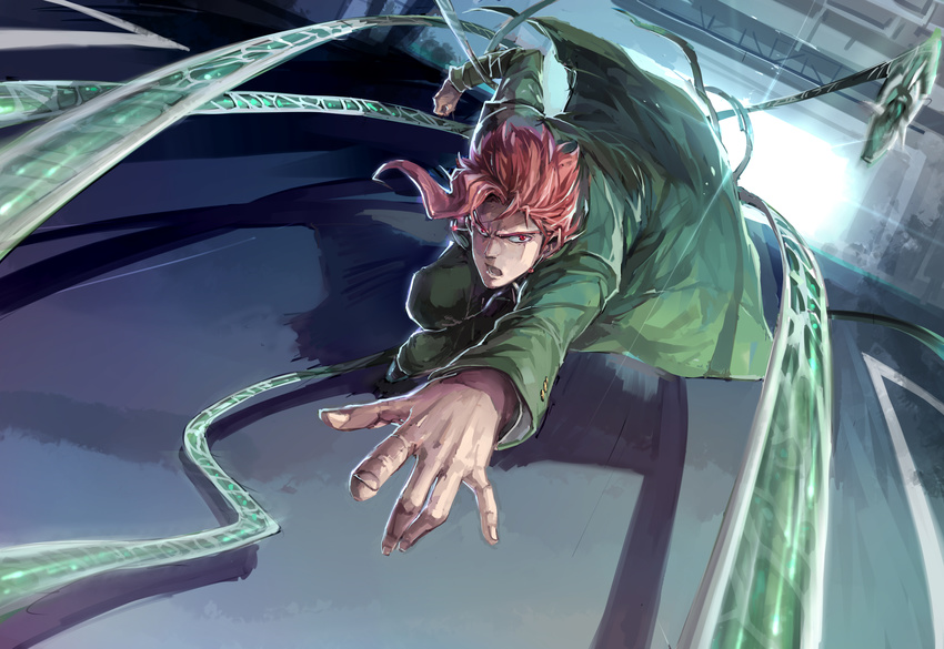 bad_id bad_pixiv_id gakuran hierophant_green highres jojo_no_kimyou_na_bouken kakyouin_noriaki linjie male_focus red_eyes red_hair school_uniform solo stand_(jojo) tentacles