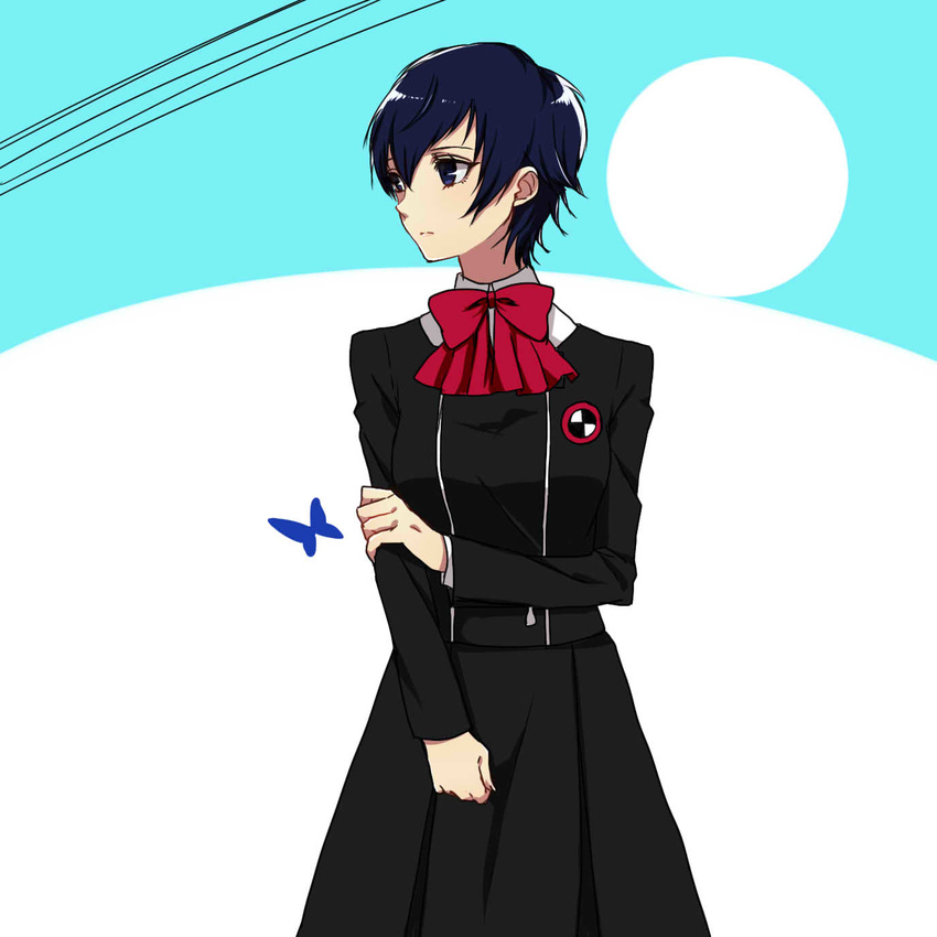 alternate_costume blue_eyes blue_hair bug butterfly cosplay highres holding_arm iketsuko insect looking_to_the_side persona persona_3 persona_4 persona_4_the_golden ribbon school_uniform shirogane_naoto short_hair skirt solo