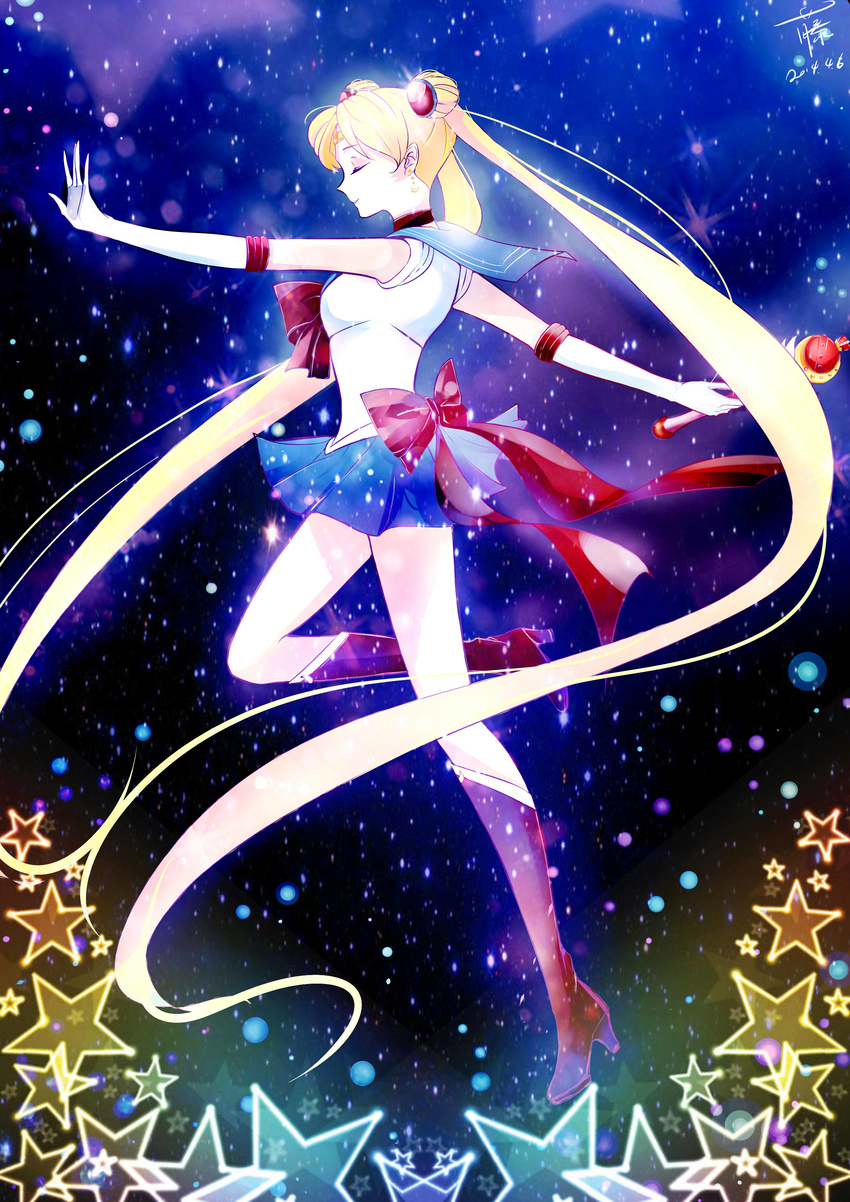 absurdres back_bow bishoujo_senshi_sailor_moon blue_sailor_collar blue_skirt boots bow closed_eyes cutie_moon_rod dated double_bun elbow_gloves from_side gloves highres long_hair outstretched_arm red_bow red_footwear sailor_collar sailor_moon sailor_senshi_uniform sakura12140814 signature skirt solo star tsukino_usagi twintails very_long_hair white_gloves