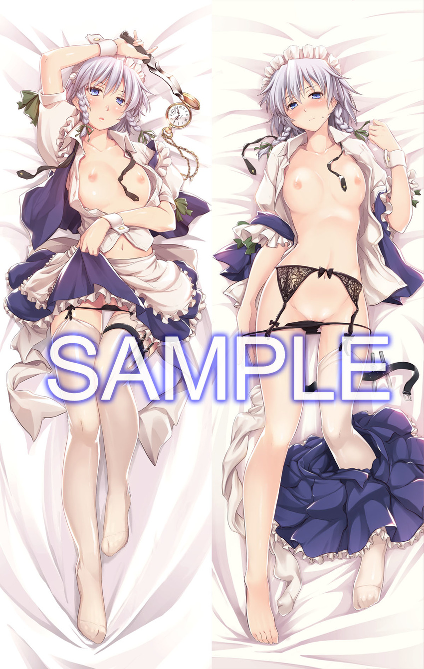 apron barefoot bed_sheet black_panties blue_eyes blush braid breasts dakimakura frills garter_belt hair_ribbon highres izayoi_sakuya knife long_hair lying maid maid_headdress medium_breasts multiple_views navel nipples no_bra on_back open_clothes open_shirt ouma_tokiichi panties panty_pull parted_lips pocket_watch ribbon sample shirt silver_hair single_thighhigh skirt skirt_around_one_leg string_panties sweatdrop thighhighs thighhighs_removed touhou twin_braids underwear watch white_legwear wrist_cuffs