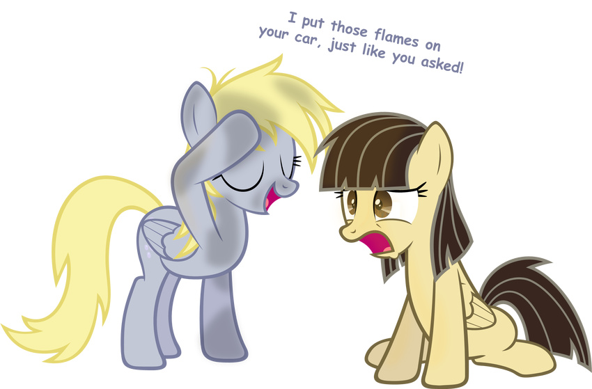 blonde_hair brown_eyes brown_hair cutie_mark derpy_hooves_(mlp) duo english_text equine eyes_closed female feral friendship_is_magic fur grey_fur hair hi_res horse mammal my_little_pony open_mouth original_character pegasus plain_background pony text transparent_background wings zacatron94