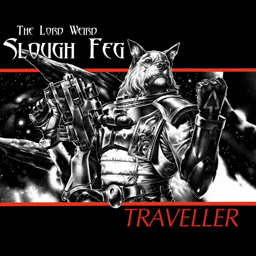 album_cover canine clothing cover dog gun heavy_metal male mammal metal ranged_weapon rpg space the_lord_weird_slough_feg traveller unknown_artist vargr weapon