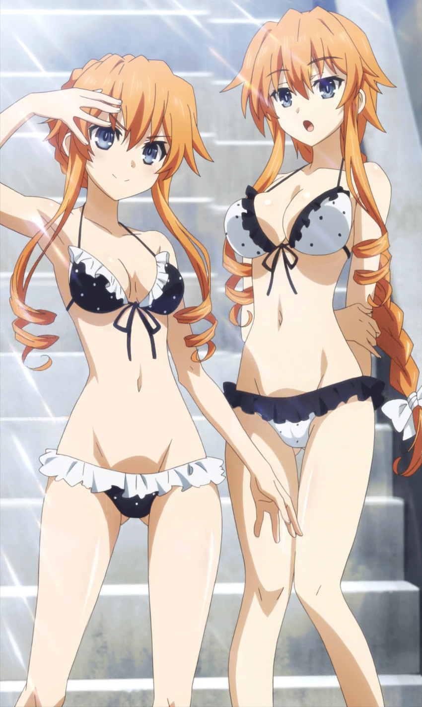 2girls animated animated_gif areola areolae armpits bikini blue_eyes braid breasts cameltoe date_a_live highres large_breasts long_hair looking_at_viewer medium_breasts multiple_girls navel nipples nude_filter open_mouth orange_hair pussy siblings sisters smile swimsuit topless twins uncensored yamai_kaguya yamai_yuzuru