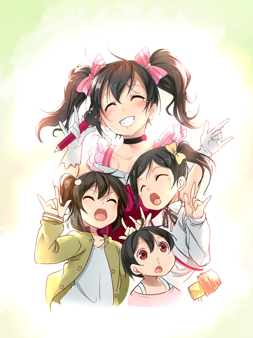 3girls :d \m/ ^_^ absurdres ajishio bad_id bad_pixiv_id black_hair blush bow brother_and_sister choker closed_eyes double_\m/ dress gloves grin hair_bow highres idol long_hair love_live! love_live!_school_idol_project microphone multiple_girls nico_nico_nii open_mouth red_dress red_eyes short_hair siblings sisters skirt smile twintails white_gloves yazawa_kokoa yazawa_kokoro yazawa_kotarou yazawa_nico