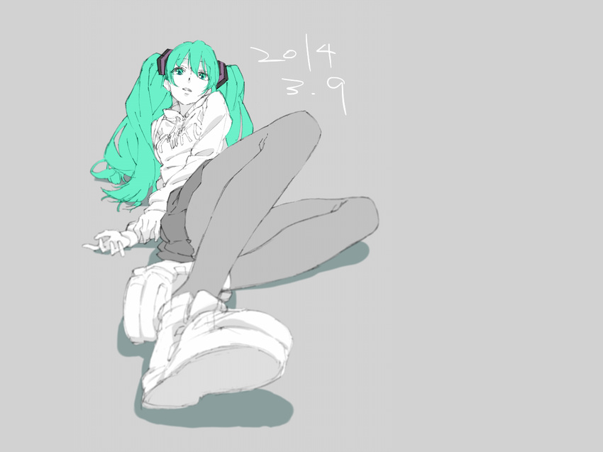 gray green_eyes green_hair hatsune_miku long_hair pantyhose skirt twintails vocaloid yuuna_(upper-soul)