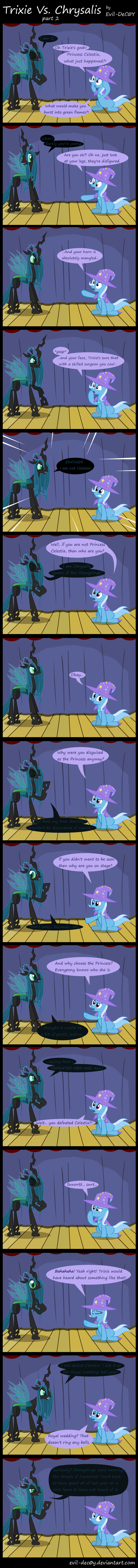 blue_hair cape changeling comic dialog duo english_text equine evil-dec0y eyeshadow fangs female friendship_is_magic green_eyes green_hair hair hat holes horn long_hair makeup mammal my_little_pony purple_eyes queen_chrysalis_(mlp) sitting slit_pupils stage straight_hair text trixie_(mlp) two_tone_hair unicorn white_hair wizard_hat