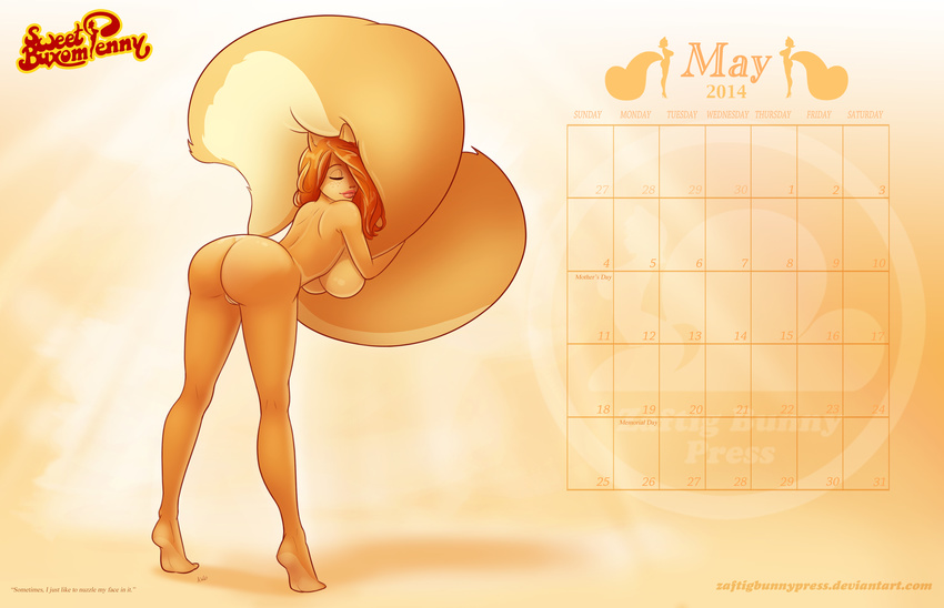 big_breasts big_butt big_tail breasts butt calender female fluffy_tail fur hair hi_res hindpaw long_hair mammal nude orange_fur paws pussy red_hair rodent smile solo squirrel standing thighs zaftigbunnypress