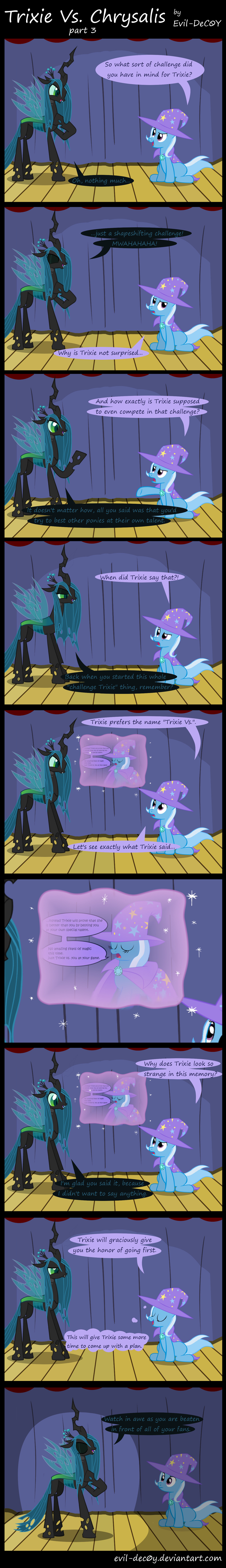 cape changeling dialog duo english_text equine evil-dec0y female flashback friendship_is_magic glowing green_eyes green_hair hair hat holes horn long_hair magic mammal my_little_pony purple_eyes queen_chrysalis_(mlp) sitting slit_pupils sparkles stage standing straight_hair text trixie_(mlp) unicorn wings wizard_hat