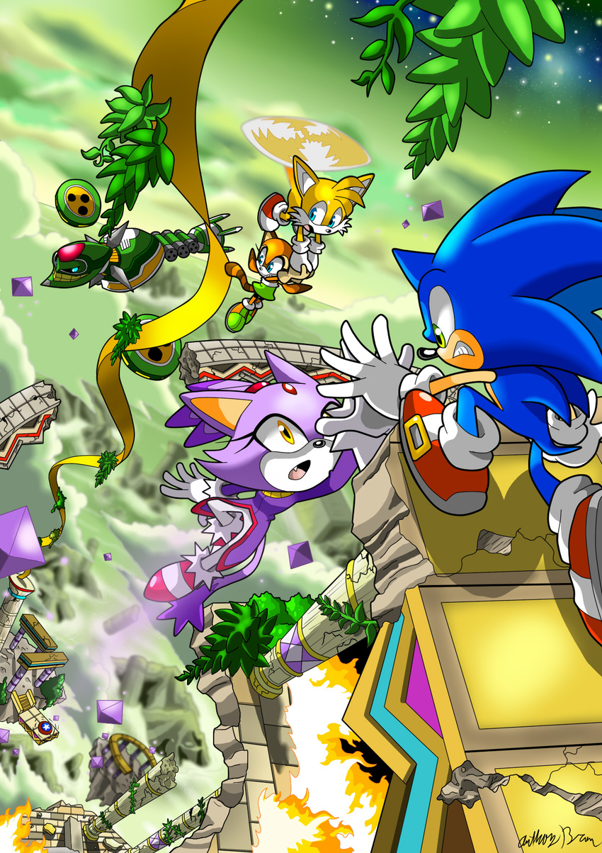 blue_eyes brown_fur canine cat falling fangs feline female flying fox fur gloves green_eyes hedgehog hi_res machine male mammal marine_the_raccoon mechanical miles_prower nextgrandcross open_mouth purple_fur raccoon ruins sega shaded signature sonic_(series) sonic_the_hedgehog video_games yellow_eyes