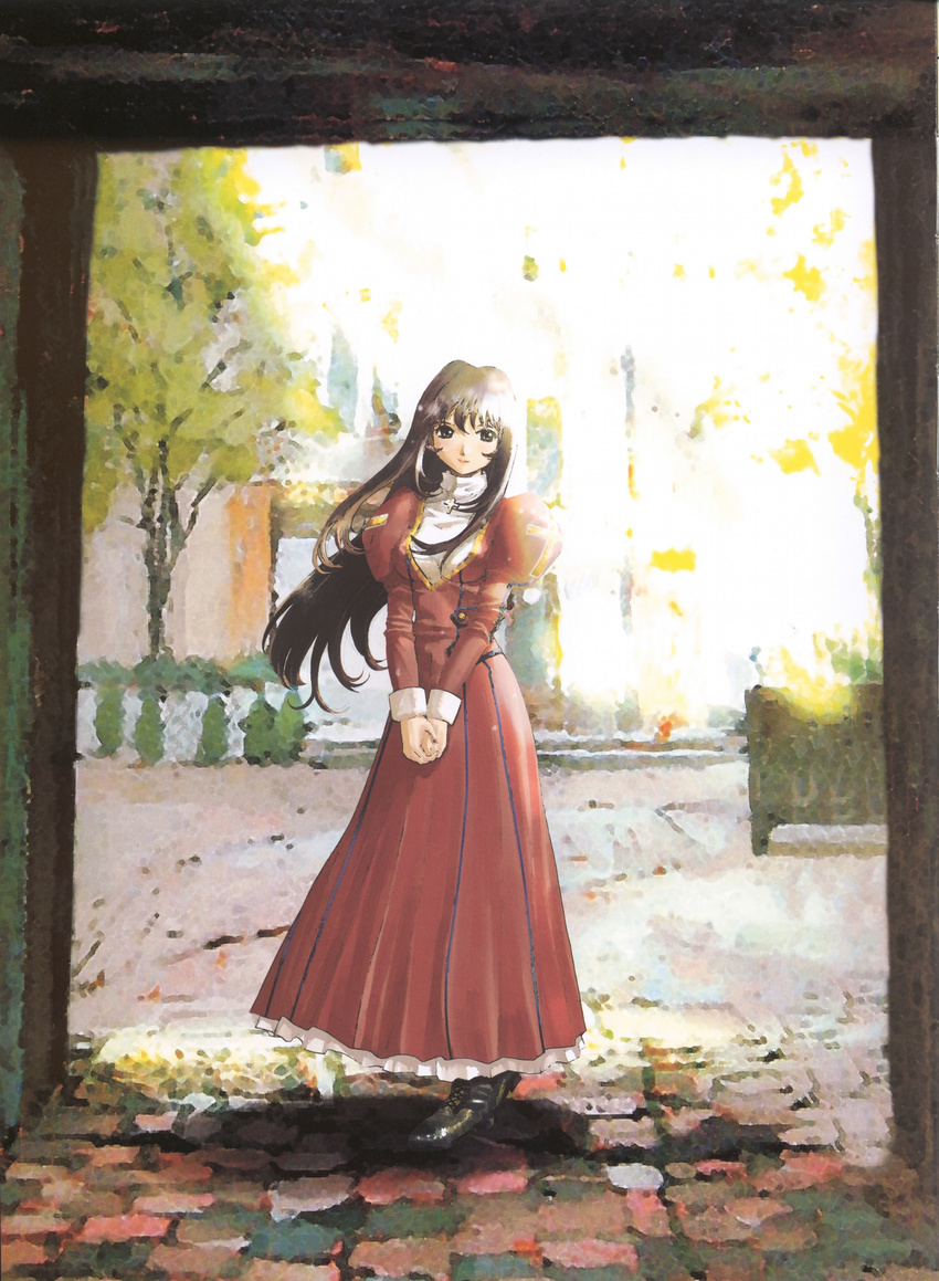 absurdres bangs black_footwear blurry blurry_background boots brown_eyes brown_hair closed_mouth cross cross-laced_footwear day doorway dress erica_fontaine falling_leaves full_body highres leaf long_hair looking_at_viewer outdoors own_hands_together pavement planter red_dress rikudou_koushi sakura_taisen sakura_taisen_iii scan shadow smile solo standing tree turtleneck v_arms very_long_hair