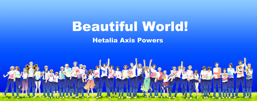 6+girls absurdres ahoge america_(hetalia) annotated austria_(hetalia) axis_powers_hetalia bad_id bad_pixiv_id barefoot belarus_(hetalia) black_hair blonde_hair blush bow brown_hair canada_(hetalia) chibitalia_(hetalia) china_(hetalia) denim denmark_(hetalia) egypt_(hetalia) estonia_(hetalia) everyone feet finland_(hetalia) flower france_(hetalia) germania_(hetalia) germany_(hetalia) glasses grass greece_(hetalia) happy highres holding_hands holy_roman_empire_(hetalia) hong_kong_(hetalia) hungary_(hetalia) iceland_(hetalia) japan_(hetalia) jeans korea_(hetalia) kumajirou_(hetalia) latvia_(hetalia) liechtenstein_(hetalia) lithuania_(hetalia) long_hair multiple_boys multiple_girls northern_italy_(hetalia) norway_(hetalia) pants poland_(hetalia) prussia_(hetalia) ribbon rome_(hetalia) runko russia_(hetalia) sealand_(hetalia) seychelles_(hetalia) shirt short_hair skirt sky smile southern_italy_(hetalia) spain_(hetalia) sunflower sweden_(hetalia) switzerland_(hetalia) t-shirt taiwan_(hetalia) tears turkey_(hetalia) ukraine_(hetalia) united_kingdom_(hetalia) white_hair