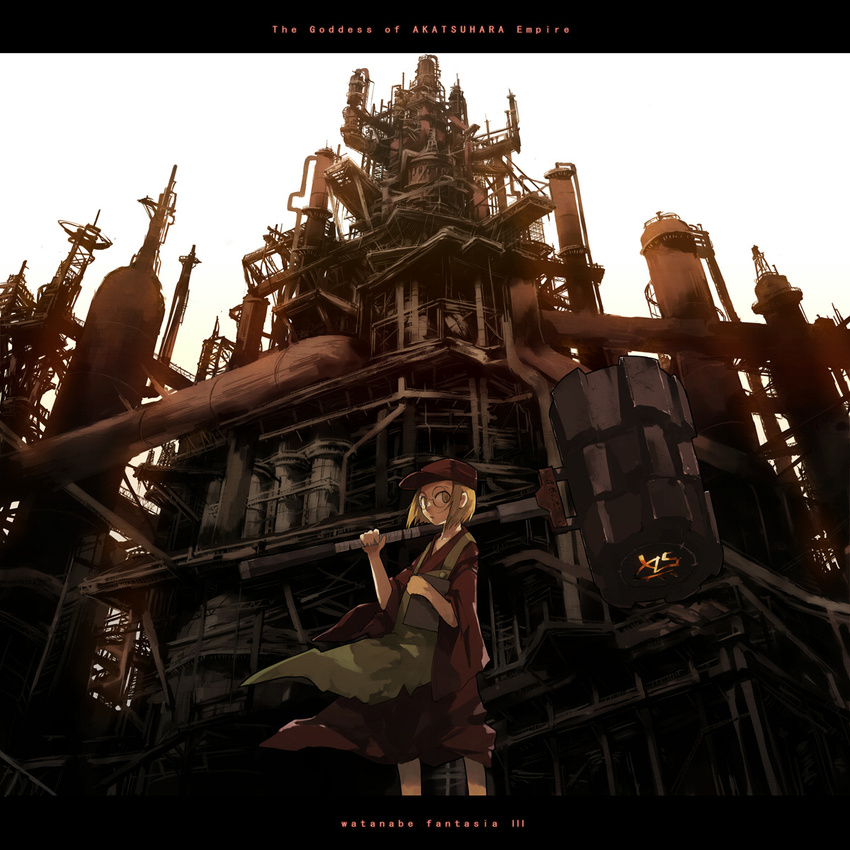 akatsuhara_empire blonde_hair character_name copyright_name distillation_column english glasses hammer hat highres industrial letterboxed pipes pixiv_fantasia pixiv_fantasia_3 short_hair solo steampunk watanabe_(pixiv_fantasia) yamaada