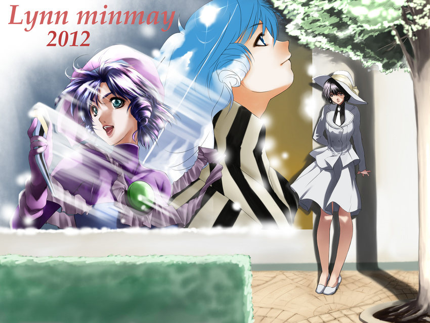 2012 80s arms_behind_back black_hair blue_dress blue_eyes dress full_body hat highres jacket lynn_minmay macross macross_flashback_2012 microphone necktie oldschool plant science_fiction shade skirt songstress standing sun_hat sunlight takase_muu tree