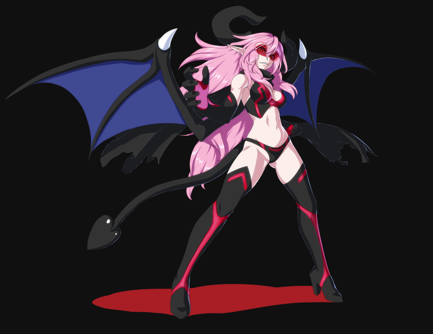 absurdres bochi_(yamakan) demon_girl demon_tail demon_wings highres horns long_hair original pink_hair pointy_ears simple_background smile solo sunglasses tail thighhighs wings