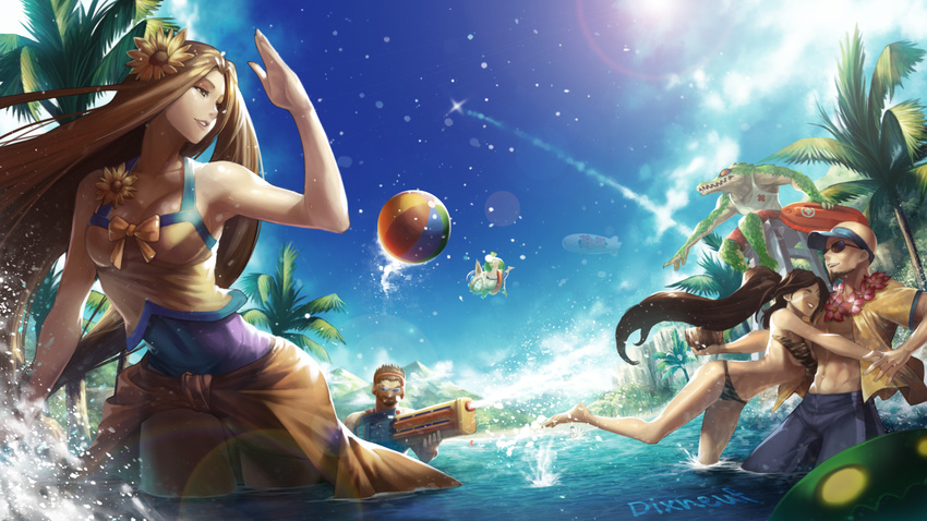 2girls ahri alternate_costume ball beach beachball bikini blue_skirt brown_hair cloud crocodile crocodilian day eirashard flower happy highres league_of_legends lee_sin leona_(league_of_legends) long_hair lulu_(league_of_legends) malcolm_graves multiple_boys multiple_girls nidalee ocean one-piece_swimsuit open_clothes open_shirt palm_tree ponytail pool_party_leona renekton shirt shorts skirt smile sunflower sunglasses swimsuit tree visor_cap water_gun zac ziggs